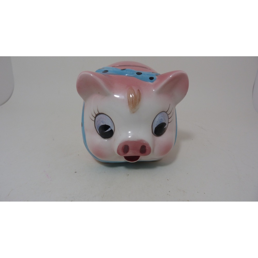 Vintage Style Pink Ceramic Piggy Bank Blue Polka Dot Bow Stopper Included